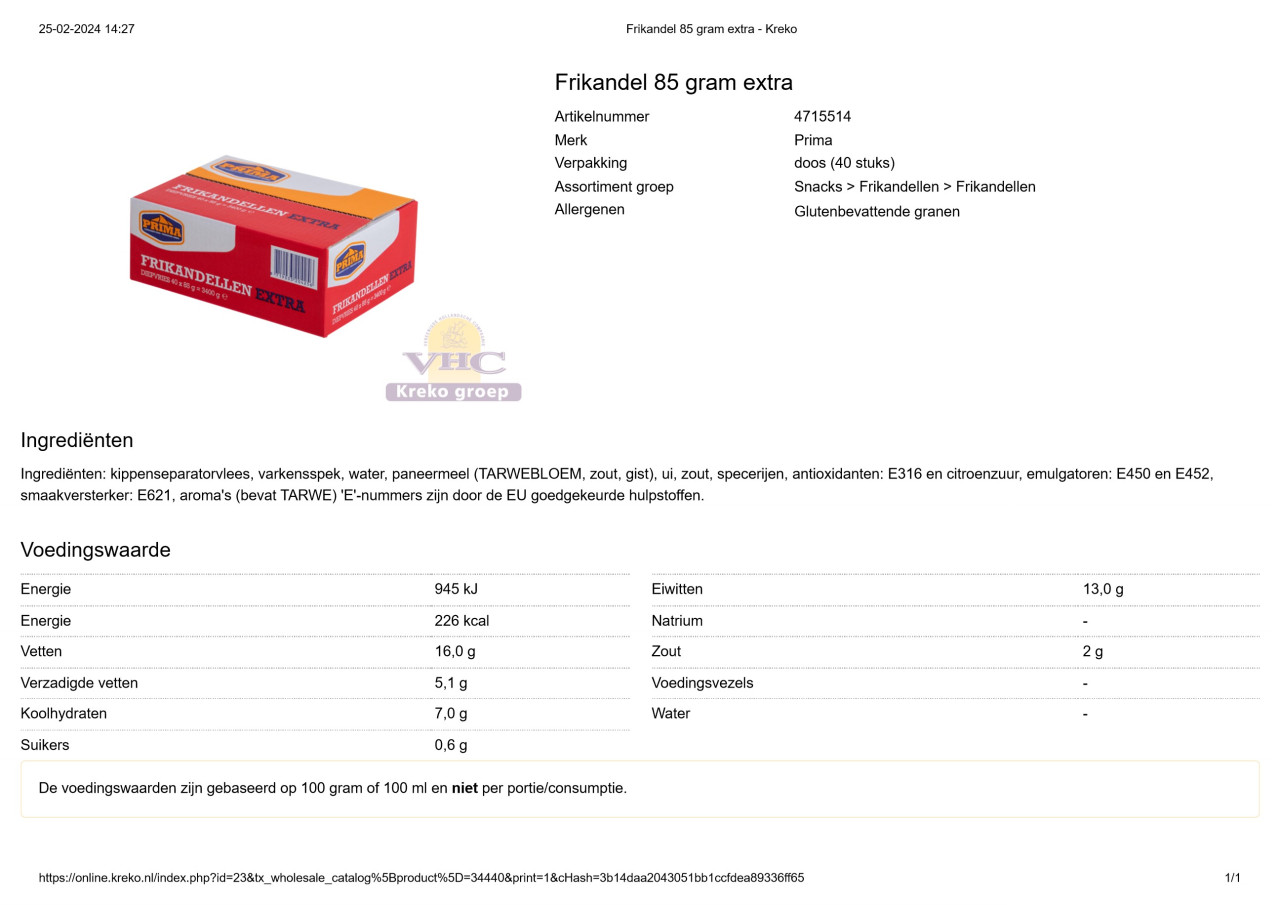 Frikandel 85 gram extra   Kreko1